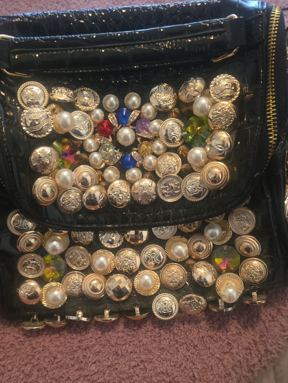 Embellished Black Crossbody Bag with Gold Accents - Picture 6 of 8